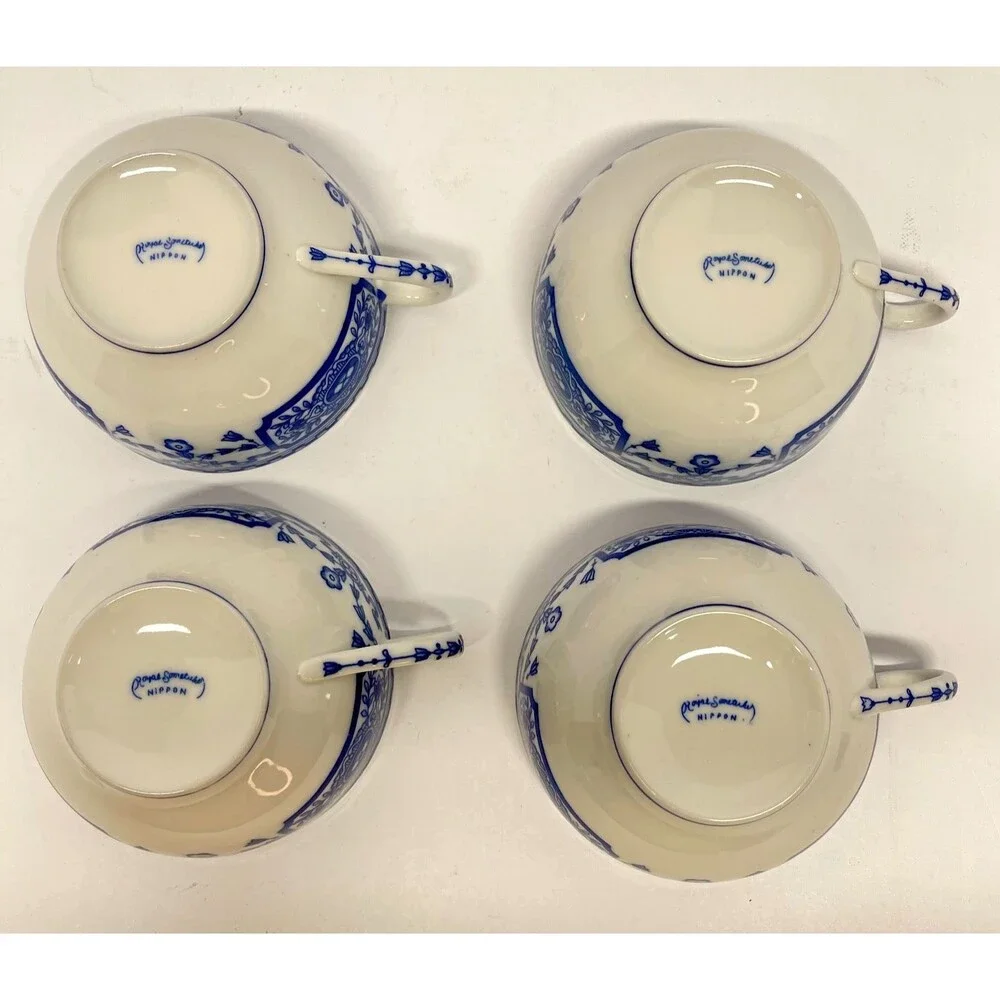 Antique Nippon Royal Sometuke Blue White Cup & Saucer Set, 4 Cups 5 Bowls Japan